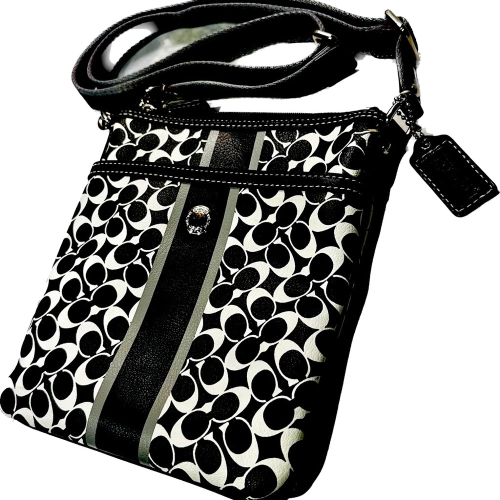 Coach Crossbody purse in signature leather, black white and gray, blue interior.